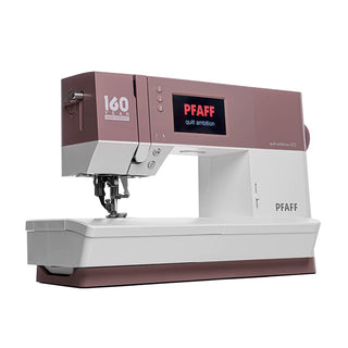 The Sew & Vac Pfaff Quilt Ambition 635 is a pink and white sewing machine with a digital display, ideal for quilting, and marked "quilt ambition 635" and "160 years anniversary edition.