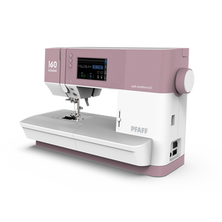 The Sew & Vac Pfaff Quilt Ambition 635 is a modern pink and white sewing and quilting machine with an LCD screen and multiple control buttons.