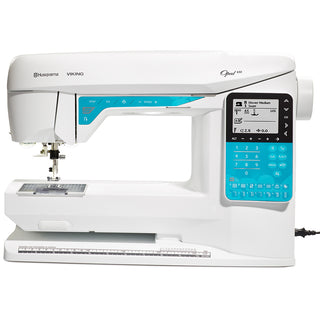 The Husqvarna Viking Opal 650 is a computerized sewing machine from Husqvarna Viking with a sewing advisor, LCD display, blue control panel, and measurement markings on the base.