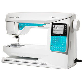 The Husqvarna Viking Opal 650 computerized sewing machine offers a digital display, multiple control buttons, a base ruler, and the SEWING ADVISOR® feature for easy sewing.