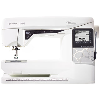 The Husqvarna Viking Opal 690Q is a white computerized sewing machine with a digital display, multiple control buttons, and the SEWING ADVISOR feature on its front panel.