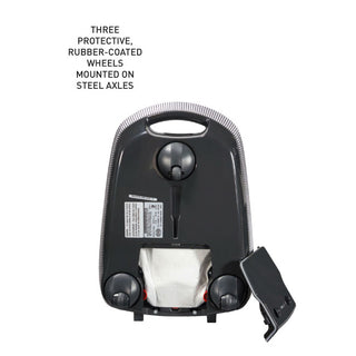 The bottom view of the SEBO Airbelt E2 Turbo mid-size canister vacuum cleaner from Sew & Vac reveals protective rubber-coated wheels on steel axles, with part of the casing removed to expose the inner bag compartment and its excellent filtration system.