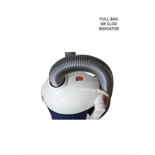The SEBO Dart w/ET-1 Power Head (White) features a red "FULL BAG OR CLOG INDICATOR," flexible hose, S-Class sealed filtration, and a large capacity filter bag for efficient cleaning.