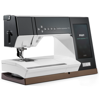 The 38-SVP - Singer Viking Pfaff Creative Expression 750 embroidery machine offers advanced stitch customization, a digital display, and multiple function buttons for modern sewing needs.