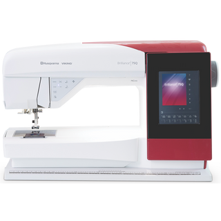 The 38-SVP - Singer Viking Pfaff Husqvarna Brilliance 75Q sewing machine features an interactive color touch screen and a striking red and white design.
