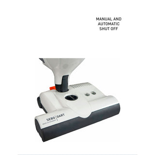 The SEBO Dart w/ET-1 Power Head (White) vacuum cleaner head by SEBO is shown against a plain background, featuring S-Class sealed filtration, a large-capacity filter bag, and both manual and automatic shut off.