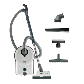 The 27-Sebo Airbelt D4 Premium White is an ultra-quiet canister vacuum cleaner with a hose and four nozzle attachments, all displayed on a white background.