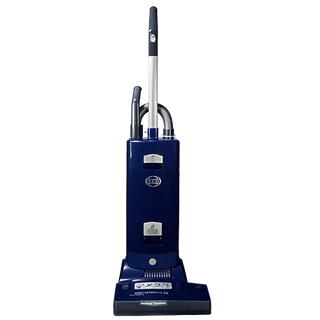 A dark blue SEBO AUTOMATIC X8 upright vacuum cleaner by 1000-Education, featuring a handle, hose, control panel, and micro-filtration for pet hair removal, stands on a light gray background.