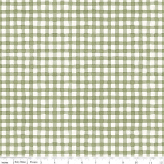 Riley Blake Sunflower Whispers by Lisa Audit Fabric C16674-GREEN features a green and white gingham check with hand-drawn lines, inch ruler from 0–12 along the bottom. 100% cotton, from Fabric by Riley Blake.