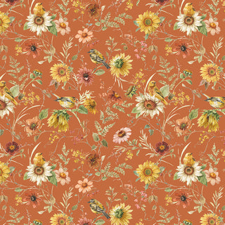 Seamless pattern of yellow birds, sunflowers, daisies, and green foliage on a burnt orange background from Riley Blake Sunflower Whispers by Lisa Audit Fabric CD16671-PUMPKIN Prairie Pumpkin. Premium 100% cotton by Fabric by Riley Blake.