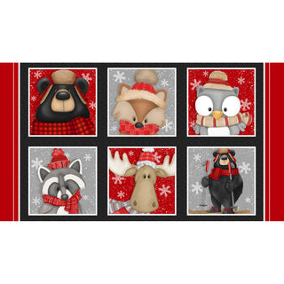 Six cartoon animals in winter hats and scarves appear on snowy red and gray blocks in the Pinecone Ridge Lodge 2124-89 24" 6-Block Panel Multi by Shelly Comiskey for Henry Glass Co., crafted from 100% cotton.