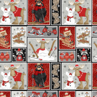 Pinecone Ridge Lodge 2125-89 Patchwork Multi by Shelly Comiskey for Henry Glass Co. features cartoon moose, bears, birds, skates, sleds, snowmen, and snowflakes in red, gray, black, and white winter-themed squares.
