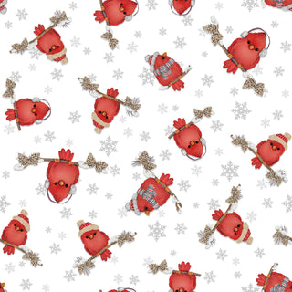 Pinecone Ridge Lodge 2126-08 Cardinals White/Red by Shelly Comiskey for Henry Glass Co. features red cartoon birds in winter hats and scarves on branches with snowflakes, printed on soft 100% cotton with a crisp white background.