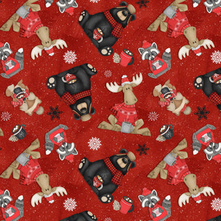 Pinecone Ridge Lodge 2127-88 Tossed Moose & Bears Red by Shelly Comiskey for Henry Glass Co. features bears and moose in winter clothing on a red background with snowflakes—perfect for woodland-themed projects.