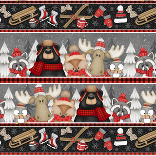 Pinecone Ridge Lodge 2130-89 Stripe Multi by Shelly Comiskey for Henry Glass Co. features winter woodland animals in cozy hats, sleds, and skates on a snowy forest backdrop—ideal for Pinecone Ridge Lodge-inspired projects.