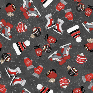 Seamless pattern of red and gray ice skates, hats, mittens, cocoa mugs, and pinecones on charcoal, as seen in Pinecone Ridge Lodge 2131-99 Tossed Snow Gear Charcoal by Shelly Comiskey for Henry Glass Co.