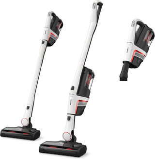 Three views of the Sew & Vac Miele TriFlex Lotus White cordless stick vacuum in upright and handheld modes, ideal for pet hair with its specialized brush and eye-catching white finish.