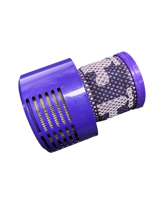 A Dyson Cyclone v10 Animal filter from Sew & Vac, featuring a blue cylindrical plastic design with a slotted outer casing and a porous inner mesh structure, in like-new condition against a white background.