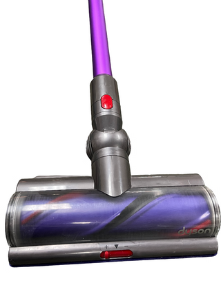 Certified refurbished purple and gray Sew & Vac vacuum cleaner head with a red button, featuring the Dyson Cyclone v10 Animal branding on the side, in like-new condition.
