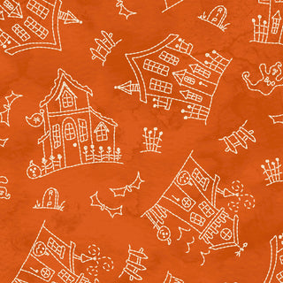 White line drawings of haunted houses, bats, ghosts, gravestones, and pumpkins on orange watercolor form a seamless Halloween pattern on Robin Kingsley Spooky Stitches MAS10870-O Haunted House Orange Fabric by 47-EE Schenck.