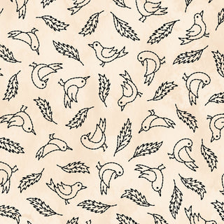 A seamless pattern with simple black line crows and leaves on a cream background, inspired by 47-EE Schenck’s Robin Kingsley Spooky Stitches MAS10873-E Crows Cream Fabric—ideal for Halloween cotton projects.