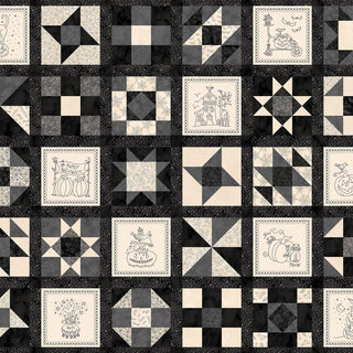 A patchwork quilt featuring alternating geometric and Halloween-themed squares, made from 47-EE Schenck's Robin Kingsley Spooky Stitches MAS10879-J Running Blocks Black Fabric in black, white, and gray.