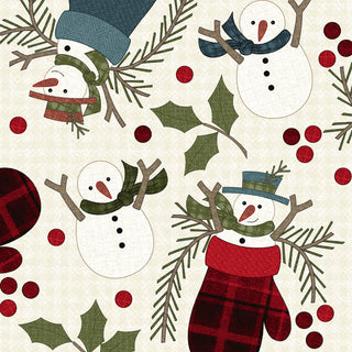Holly Jolly Flannel Snowmen - Cream by 47-EE Schenck features snowmen with scarves, stick arms, holly leaves, red berries, pine branches, and red mittens on a light background. Sold by the yard.