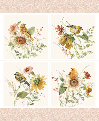 Four square illustrations from the Riley Blake Sunflower Whispers by Lisa Audit Quilt Panel PD16675-PANEL show yellow and brown birds on sunflowers and wildflowers, all against a light background with a subtle border. Brand: Fabric by Riley Blake.