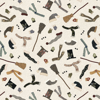 Snowman Accessories Cream 8460-14 from the Snowy Days & Frosty Nights collection by Kathi Campbell for 47-EE Schenck, features hats, scarves, mittens, and more on cream—ideal for digitally printed cotton or winter fabric projects.