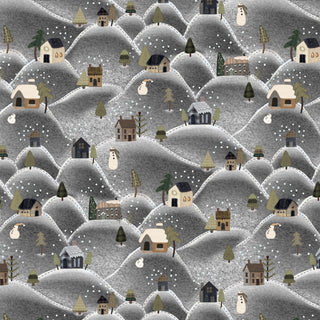 Snowy Days & Frosty Nights by Kathi Campbell: Snowville Storm 8464-93 (47-EE Schenck) features snowy village scenes with houses, snowmen, trees, and falling snow in muted tones—ideal for winter quilting or digitally printed cotton projects.