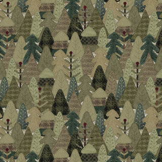 Woolen Forest Moss 8465-62 from Snowy Days & Frosty Nights by Kathi Campbell for 47-EE Schenck features overlapping stylized trees in green, brown, and beige with red dots—ideal for winter quilting or digitally printed cotton projects.