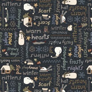 Snowy Days & Frosty Nights by Kathi Campbell (Graphite 8466-97) from 47-EE Schenck features winter words and motifs—snowmen, houses, snowflakes—digitally printed on cotton quilting fabric with a dark background.