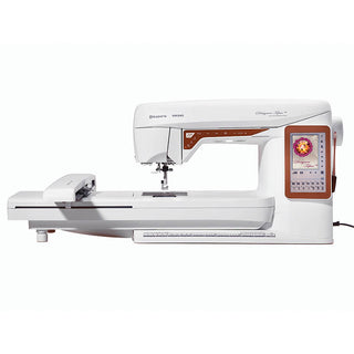 The Husqvarna Viking Designer Topaz 40 is a computerized sewing and embroidery machine featuring a digital display, right-side control buttons, and advanced embroidery design editing.