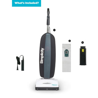 The simplicity Cordless Freedom S10CV vacuum features a HEPA media bag, included charger and vacuum bag, plus a black lithium ion battery. Displayed on a white background with labels.