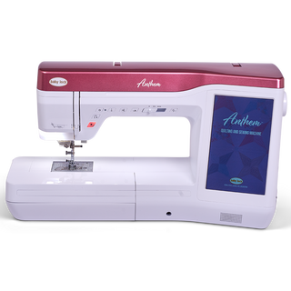 The 37-Baby Lock Anthem Quilting & Sewing Machine, with built-in stitches, touchscreen display, and a red and white exterior, is shown on a plain background.