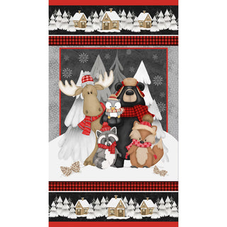 The Pinecone Ridge Lodge 2132P-89 24" panel by Shelly Comiskey for Henry Glass Co. features moose, raccoon, owl, bear, and fox in winter gear, set in a snowy forest—ideal for woodland-themed projects. 100% cotton.