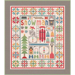 The Let's Make a Snowman Sew Along Quilt Kit Featuring Home Town Holiday by Lori Holt from Sew & Vac includes materials to craft a vibrant patchwork quilt adorned with the word "snowman" and various winter-themed designs such as snowflakes, a sled, hot cocoa, mittens, and a Christmas tree. The kit also incorporates Sew Simple Shapes and Vintage Trim Ric Rac to add delightful details to this festive creation.