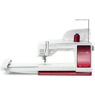 The Husqvarna Viking Designer Ruby 90 by 38-SVP - Singer Viking Pfaff is a modern sewing and embroidery machine with a red spool, touchscreen display, and extended work area.