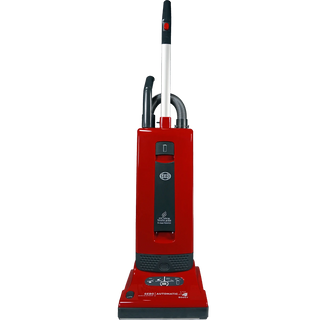 The 27-Sebo Sebo Automatic X4 Boost is a red upright vacuum cleaner featuring a black front panel, top handle, automatic height adjustment, and a retractable power cord.