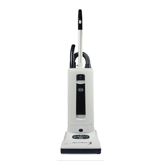 The 27-Sebo Sebo Automatic X4 Boost, a white upright vacuum with a black handle and control panel, features hospital-grade filtration and is shown facing forward on a white background.