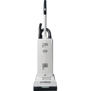 The 27-Sebo Automatic X7 Premium, a white upright vacuum cleaner with hospital-grade filtration and a black handle and hose, is shown standing against a white background.