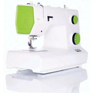 A white and green Smarter by Pfaff 140s sewing machine on a white background.