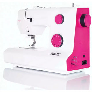 A white and pink Smarter by Pfaff 160s sewing machine on a white background.