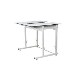White drafting table with an adjustable angled top and a flat section for supplies, set against a plain background, featuring a Baby Lock 20" Regalia Stationary Machine With Table And Insert.