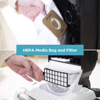 Two images show a person installing a HEPA media bag and filter into the Simplicity S20EZM Allergy Bagged Upright vacuum by simplicity, with a central label reading "HEPA Media Bag and Filter.