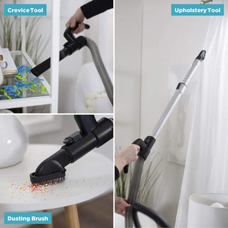 Three-panel image of the Simplicity S20EZM Allergy Bagged Upright shows a crevice tool cleaning a shelf, an upholstery tool on drapes, and a dusting brush with strong suction picking up confetti-like debris from a flat surface.