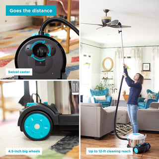 A woman demonstrates how to use the Simplicity BRIO canister vacuum cleaner in a living room, available online to purchase.