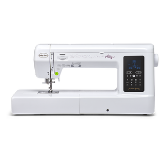 The Baby Lock Allegro Quilting and Sewing Machine by Baby Lock features a modern white design, electronic display panel, function buttons on the right, and multiple built-in stitches for versatile sewing projects.
