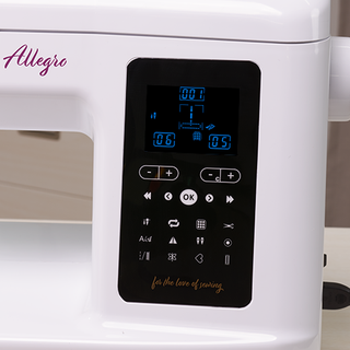 Close-up of the Baby Lock Allegro Quilting and Sewing Machine control panel, showing digital settings, adjustment buttons, and the Baby Lock brand on the upper left, highlighting its built-in stitch options.