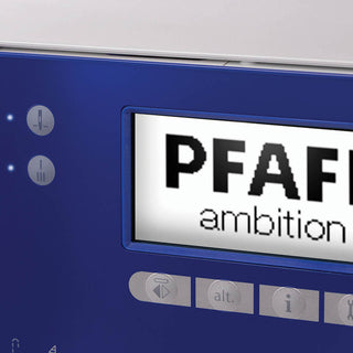 A blue PFAFF machine with the word Pfaff Ambition 610 Sewing and Quilting Machine on it.